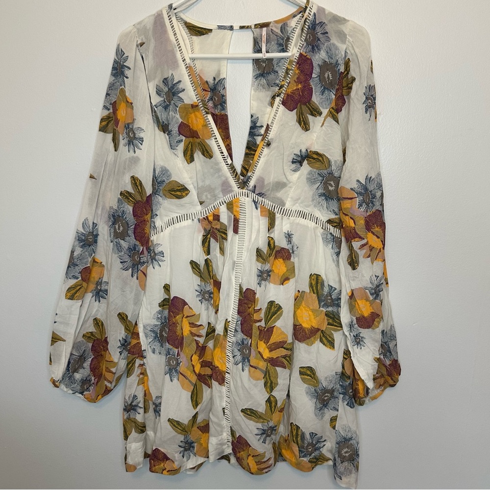 Free People Strawberry Fields Floral Balloon Sleeve Keyhole Back Mini Dress (M)